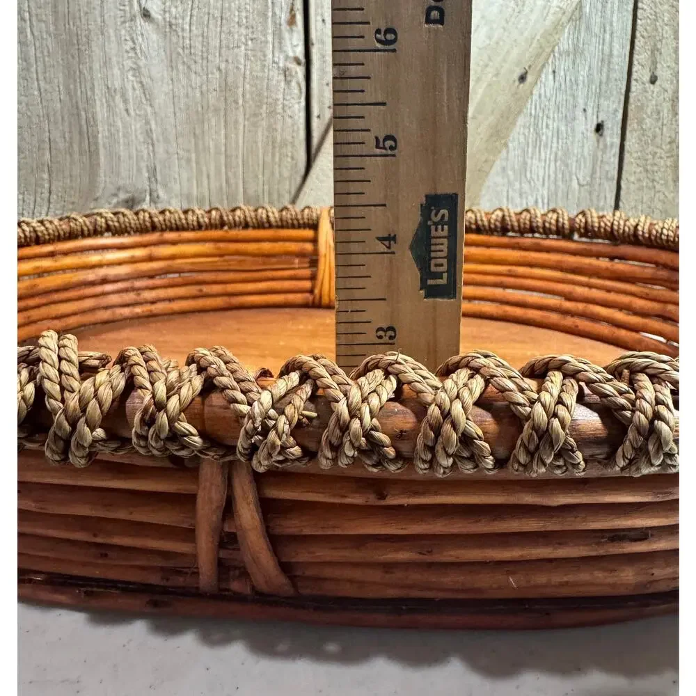 Vintage Oval Bamboo Rattan Serving Tray Wooden Bottom Twisted Twine Rope Trim